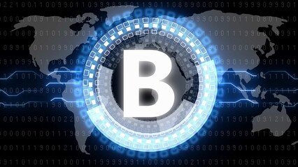 Bright White Letter B Symbol Inside Blue Futuristic Circle Over World Map Binary Code Data Stream alphabet