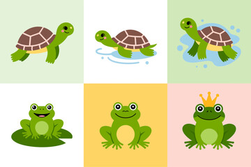 Frogs and turtles grid vector, pond life icons, cute amphibian squares, learning cards, childrens clipart, green palette, white background, simple shapes, classroom resources, nature education