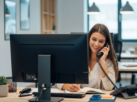 Female office worker balances administrative tasks and communication.