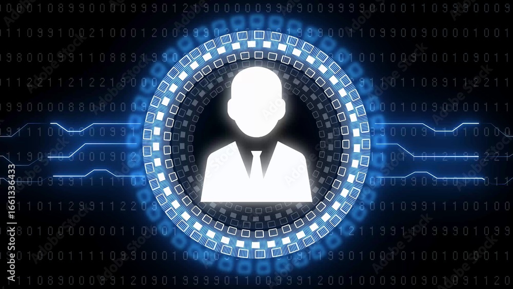 Poster digital human icon encased in glowing blue futuristic sci- fi circle with binary code background key