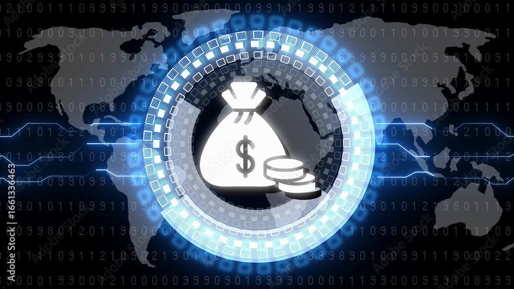 Aufkleber digital global finance concept with money bag and coins and binary code overlay image photo