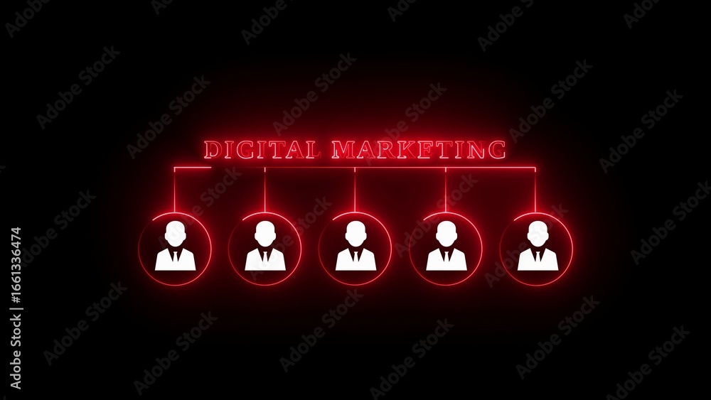 Poster digital marketing concept with glowing red neon text and icons of people in a connected network onli