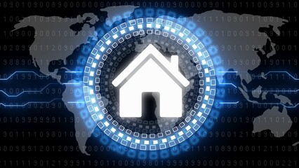 Digital House Icon with Binary Code and World Map Overlay home technology