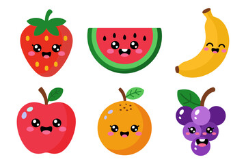 Fruit faces vector, strawberry apple orange banana grape, kawaii style, cute icons, kids nutrition clipart, white background, bright colors, classroom materials, playful illustration, for print