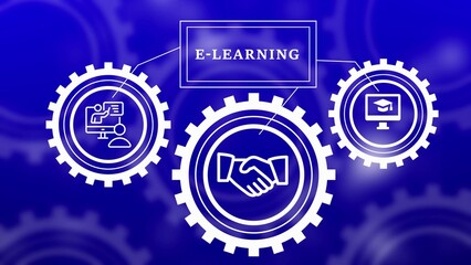 E-learning concept with interconnected gears illustrating online education and collaboration on a blue gradient background