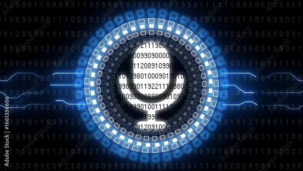 Poster futuristic digital microphone icon with binary code and glowing blue circuitry audio sound