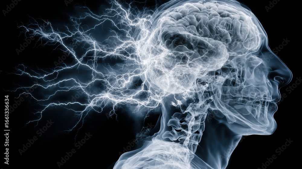Poster electric pulses racing through brain structure in glowing x ray style image showing neural activity 
