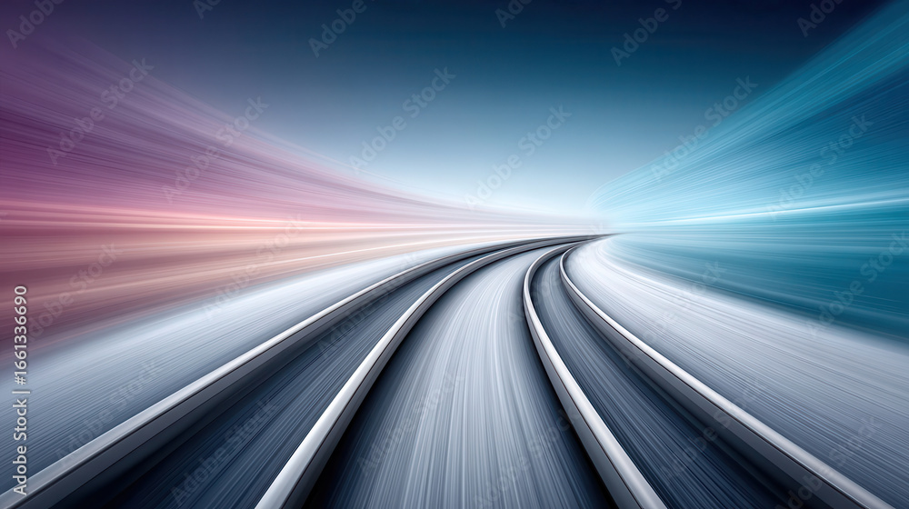 Poster curved railway track with motion blur effect in blue and purple tones creating dynamic futuristic sp