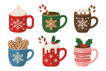Holiday coffee cup bundle, cocoa mugs with snowflake pattern, cinnamon sticks sprinkles, cute winter drink, cafe graphic, vector icons, Christmas party art, decorative elements