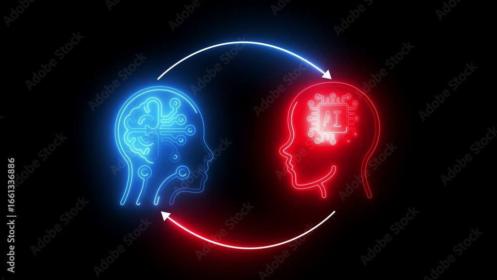 Poster neon ai brains in human heads connected by glowing arrows symbolizing data exchange artificial intel