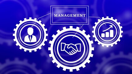 Management Concept with Gears, Handshake, and Growth Chart on Blue Background business teamwork