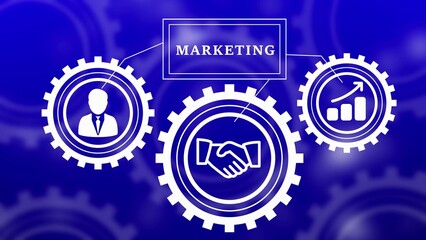 Marketing Concept with Interlocking Gears and Icons of Person Handshake and Growth Chart on Blue Background