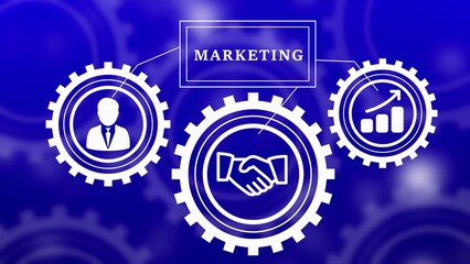 Marketing Concept with Interlocking Gears and Icons of Person Handshake and Growth Chart on Blue Background
