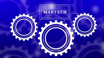 Martech concept with gears and business icons on a vibrant blue background marketing technology