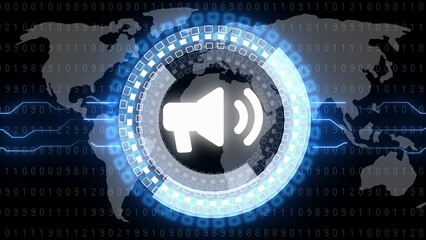 Megaphone Icon Digital Emblem on World Map Binary Code Data Flow Background technology