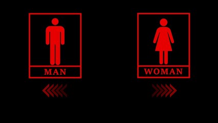 Red Man and Woman Restroom Signs with Red Arrows on Black Background toilet bathroom