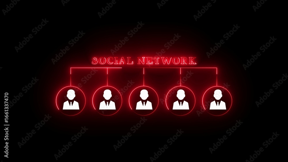 Poster social network concept with connected user icons and red neon grid background connection people
