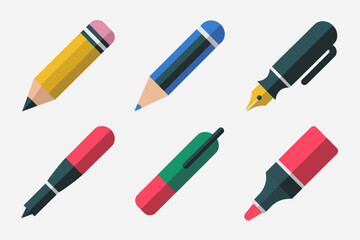 Office pen and pencil set, click pen gel pen marker highlighter, colorful stationery icons, flat vector clipart, isolated white background, writing tools collection, education assets