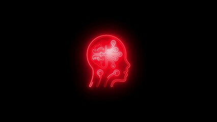 Single Red Neon Human Head Silhouette with Circuit Board Brain on Black Background artificial intelligence