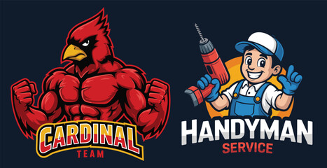 Muscular Cardinal Mascot and Handyman with Drill on Dark Background bird strong