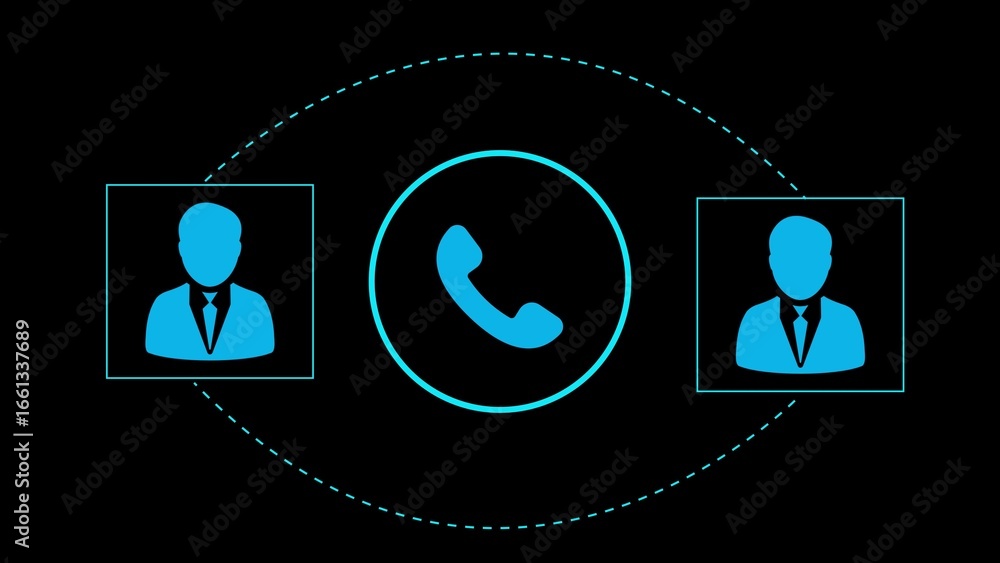 Poster two blue business icons linked by a phone symbol and dashed line on black background communication c