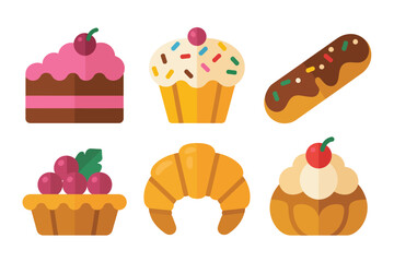 Bakery dessert icons set, cupcakes cream tart brownie croissant, sweet pastry collection, flat vector clipart, isolated white background, cafe menu design elements, confectionery branding assets