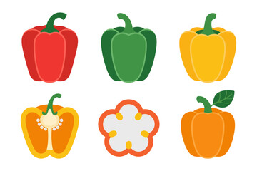 Bell pepper collection, red green yellow, whole cut cross section, fresh vegetable icons, cooking vector