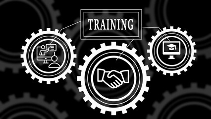 Training concept with interconnected gears and icons representing learning and collaboration education