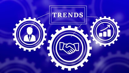 Trends concept with gears showing business growth handshake and person icon on blue background strategy