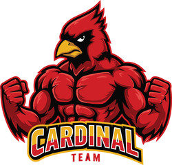 Muscular Red Cardinal Mascot Flexing Biceps with Team Logo bird