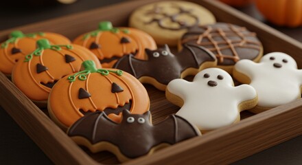 Closeup of assorted Halloweenthemed cookies in shapes like pumpkins, bats, and ghosts, placed on a wooden tray, soft warm light, shallow depth of field, realistic textures.