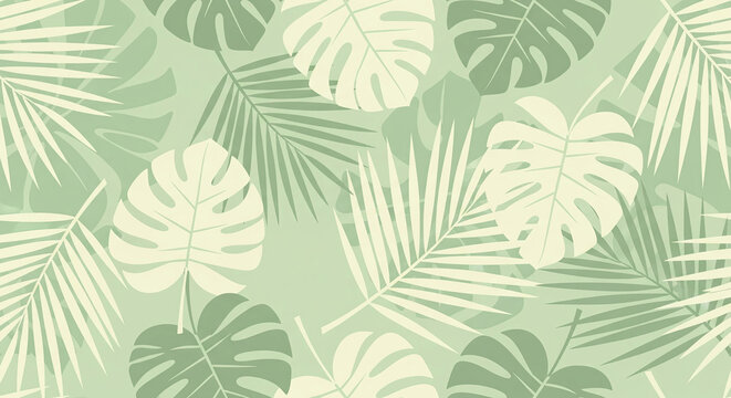 A seamless background pattern of tropical palm and monstera leaf silhouettes in sage green.