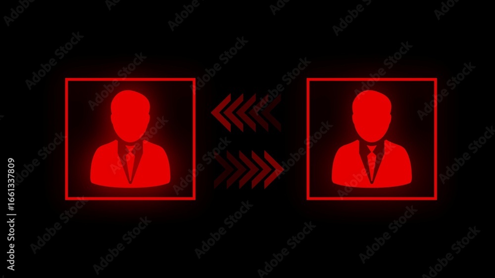 Poster two glowing red silhouette figures in square frames with chevron arrows pointing left and right on a