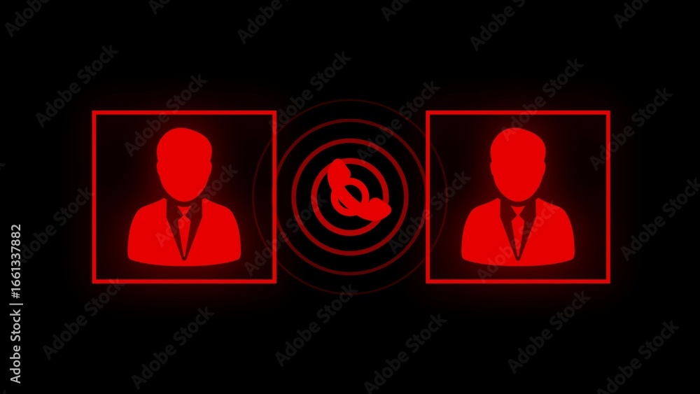 Poster two red business icons connected by a phone symbol with concentric circles on black background commu