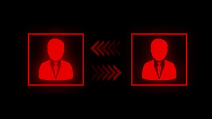 Two glowing red silhouette figures in square frames with chevron arrows pointing left and right on a black background
