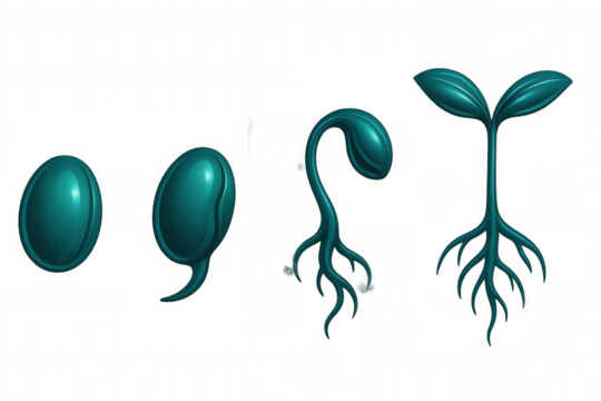 Illustrating four stages of a seed transforming into a plant, featuring a sprout, roots, stem, and leaves on a transparent background