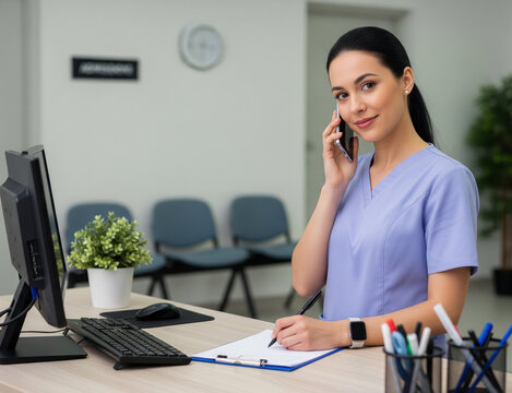 Healthcare administration staff serves calls while writing on paper.