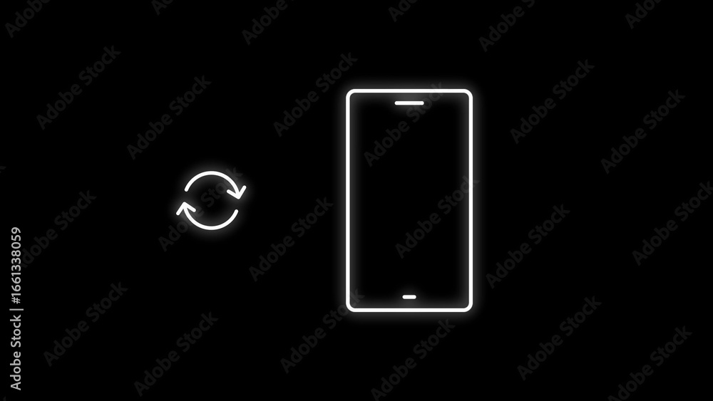 Aufkleber white neon outline of a smartphone with a separate circular refresh icon on a black background mobil