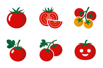 Tomato collection, whole sliced halves, vine and cherry, cute face style, fresh food vector icons