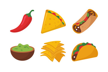 Mexican food icons, chili pepper guacamole tacos burrito, tasty street food vector, festival clipart