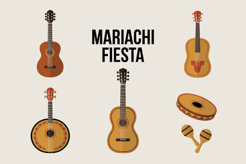 Naklejka premium Mariachi instruments poster, acoustic guitars and maracas, decorative badge, festival music vector illustration