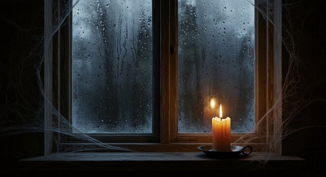 Old rustic window with condensation, single candle burning on the sill, spider webs in the corners, dark atmospheric lighting, realistic detail, eerie Halloween mood.