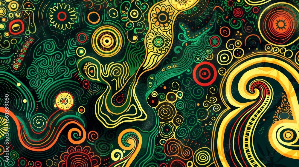 Poster the image showcases an abstract, psychedelic design with intricate patterns and bold shapes