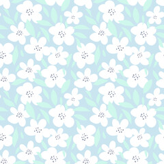Seamless vector floral pattern with white hand drawn flowers and mint green leaves on a soft blue background. Fresh, delicate design for fabric, wallpaper, and decor