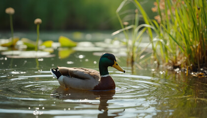 Obraz premium Mallard Duck Swimming in Pond