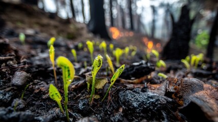 Bright green young plants sprout from dark burnt soil with water drops. New life emerges from charred forest ground. Nature's powerful regeneration and hope.