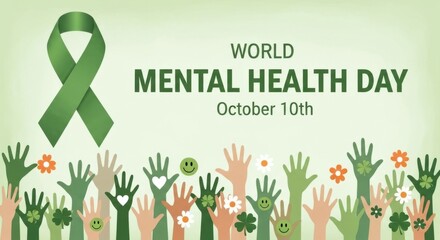 Colorful hands with green ribbon and World Mental Health Day text on light green background, conceptual illustration for awareness, support, and social campaigns