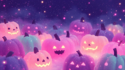 halloween glowing neon pumpkins in mystical fog, spooky background for party invitations, posters, wallpapers and seasonal designs
