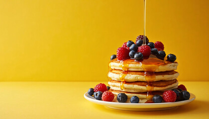 Pancakes Stacked with Berries and Syrup on Yellow Background