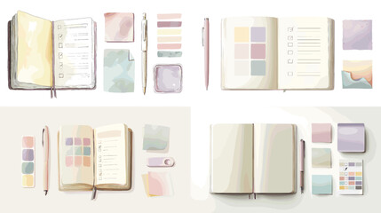Watercolor illustration set of planners, journals, sticky notes, and pens, perfect for stationery, productivity, organization, and creative design projects.